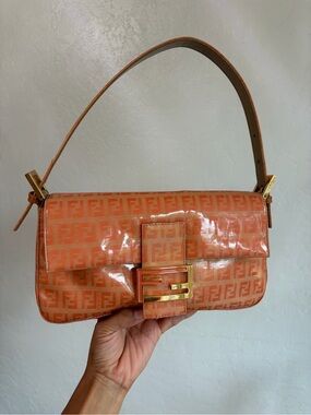 Fendi Orange Patent FF Logo Shoulder Bag with Gold-Tone Hardware